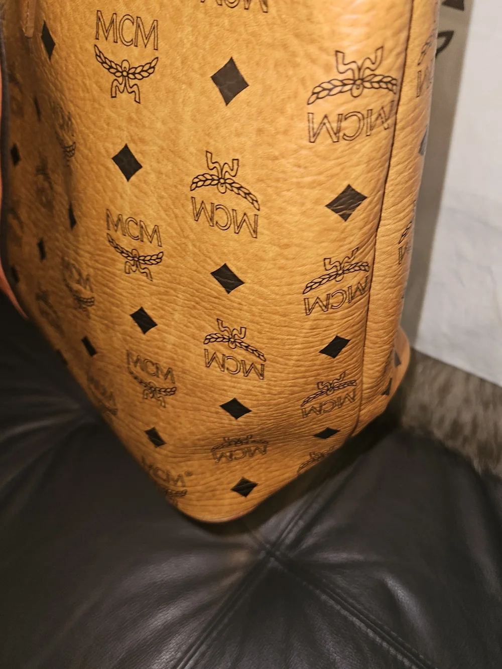 MCM Cognac Visetos Logo Tote with Orange Center Stripe